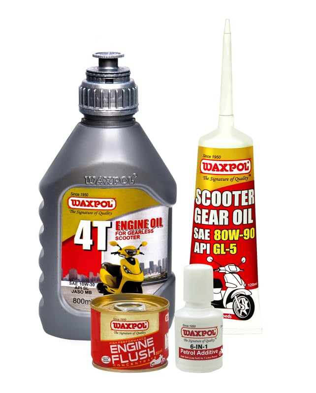 Waxpol Bike Engine Care Kit for Scooter & Motorcycle | 10W-30 4T Petrol Engine Oil 800ml | Engine Flush 50ml | Petrol Fuel Additive 40ml | Gear Oil 80W-90 120ml - Image 1