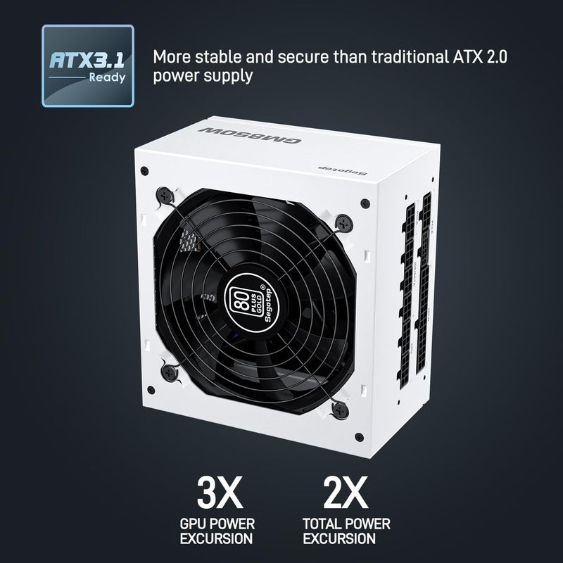 Segotep GM850 White Power Supply 850W, PCIe 5.1 & ATX 3.1 Full Modular 80 Plus Gold PSU for NVIDIA RTX 40/50 Series and AMD Graphics Cards, Japanese 105°C Capacitor - Image 3