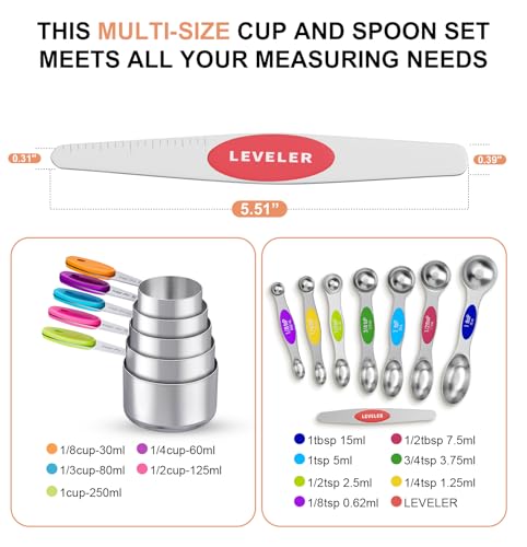 TopFeel 13Piece Measuring Cups and Magnetic Spoons Set 5 Stainless Steel Measuring Cups 7 DoubleSided Magnetic Measuring Spoons 1 Leveler for Cooking and Baking 571 - Image 3