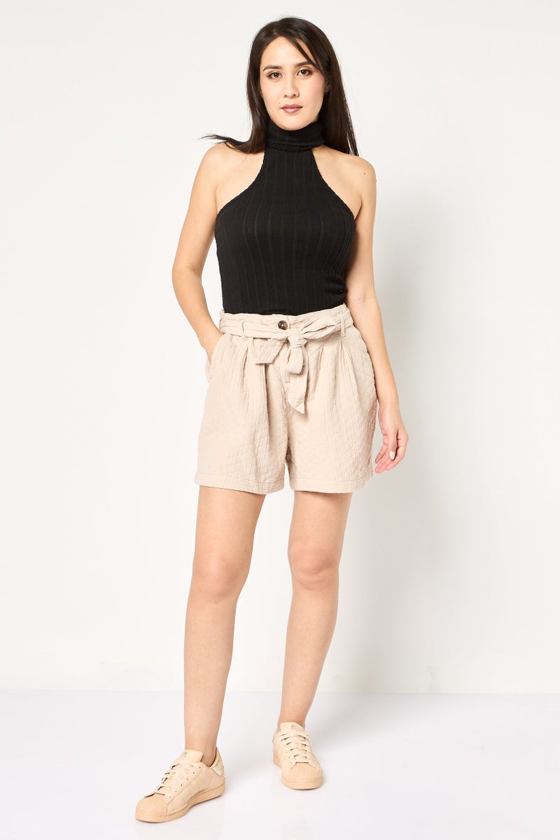 promod Women Textured Belted Basic Shorts, Light Mauve - Image 4