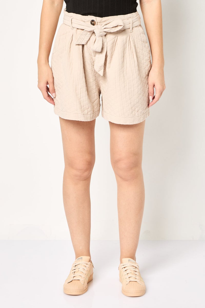promod Women Textured Belted Basic Shorts, Light Mauve - Image 1