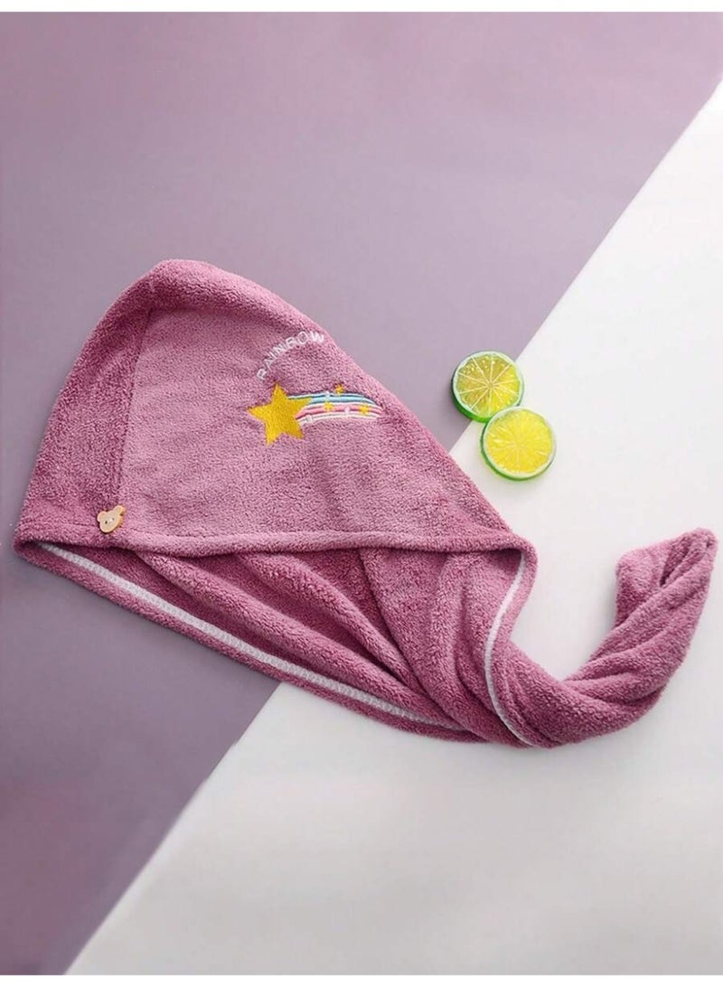 Cute Pink Star & Rainbow Hair Towel Hood – Soft Microfiber Hair Drying Wrap with Button Closure