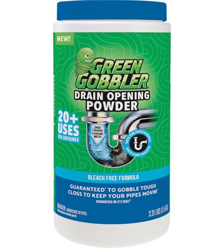 Green Gobbler بودرة إزالة انسداد المصارف وتنظيفها من جرين جوبلر، أكثر من 20 علاجًا، تكسر الشحوم والورق والدهون والزيوت، آمنة للخزانات الصحية - Image 1