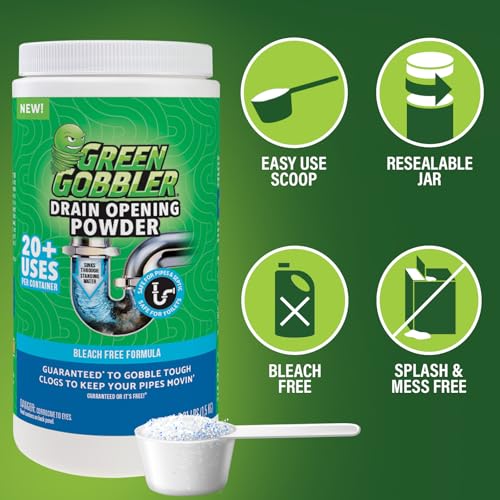 Green Gobbler بودرة إزالة انسداد المصارف وتنظيفها من جرين جوبلر، أكثر من 20 علاجًا، تكسر الشحوم والورق والدهون والزيوت، آمنة للخزانات الصحية - Image 4