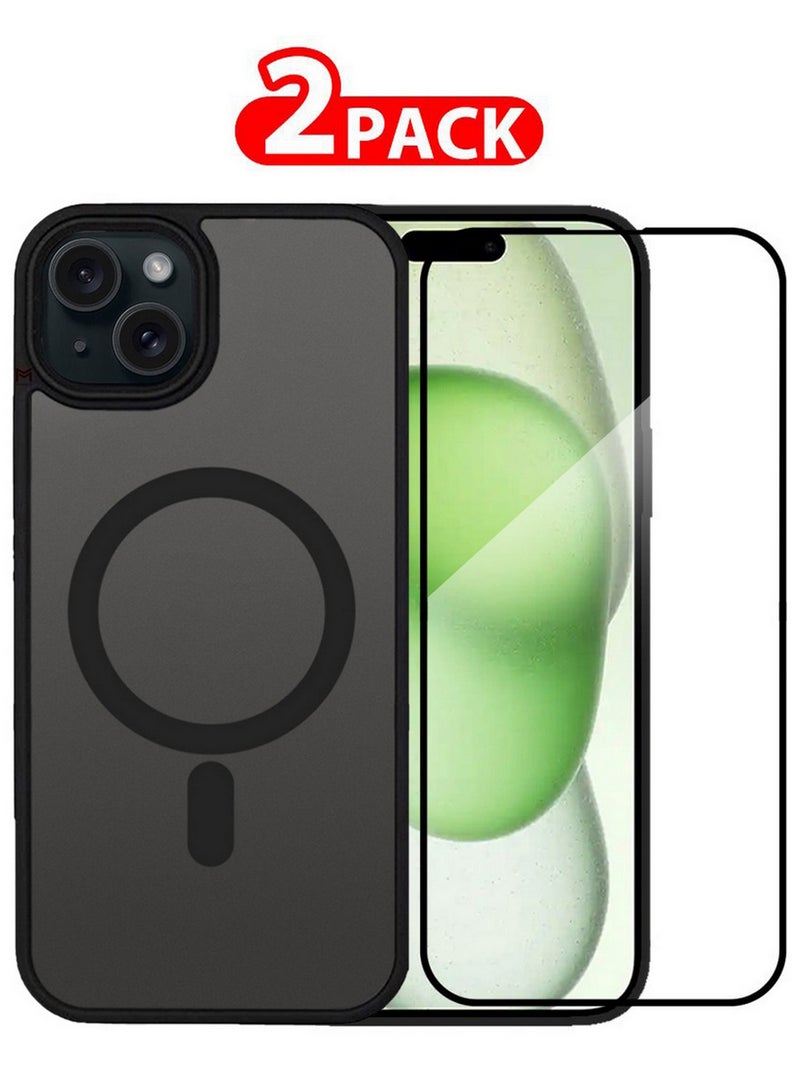 CATANES 2 Pieces Magnetic Slim Protective Case for iPhone 15 - with Wireless Charging Support with 3D Screen Protector - Black - Image 1