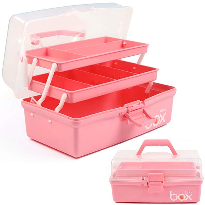 TERGOO 12in Three-Layer Multipurpose Storage Box, Folding Tool Box/Art & Crafts Case/Sewing Supplies Organizer/Medicine Box/Family First Aid Box with 2 Trays (Pink) - Image 1