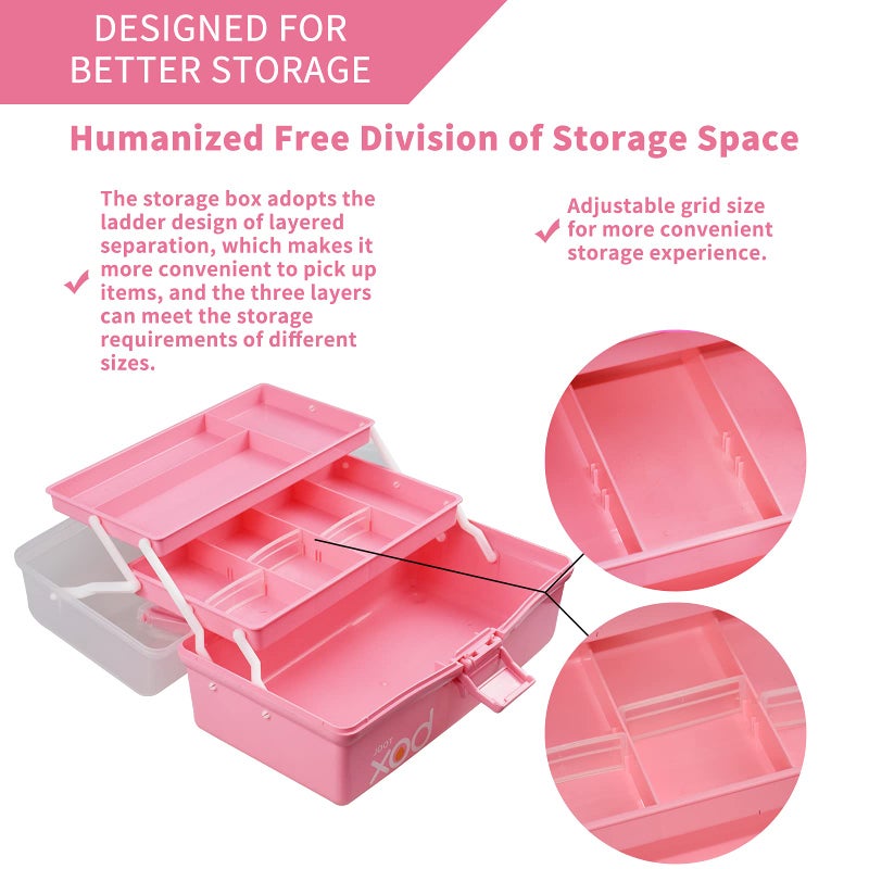 TERGOO 12in Three-Layer Multipurpose Storage Box, Folding Tool Box/Art & Crafts Case/Sewing Supplies Organizer/Medicine Box/Family First Aid Box with 2 Trays (Pink) - Image 4