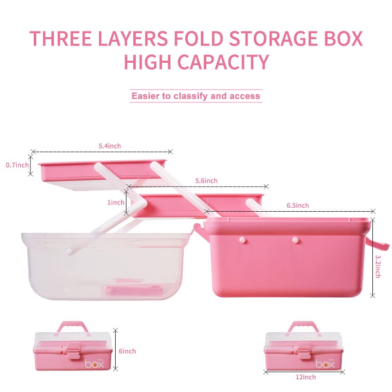 TERGOO 12in Three-Layer Multipurpose Storage Box, Folding Tool Box/Art & Crafts Case/Sewing Supplies Organizer/Medicine Box/Family First Aid Box with 2 Trays (Pink) - Image 2