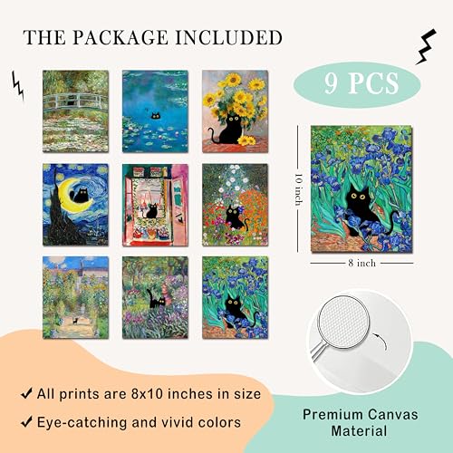Kizbok Funny Black Cat Poster Set of 9, Vintage Monet Matisse Van Gogh Black Cat Wall Art Prints, Retro Black Cats in Famous Paintings Posters Prints, Cute Colorful Cats Aesthetic Pictures Wall Decor for Bathroom Bedroom Dorm Home Decor (8x10 UNFRAMED) - Image 2