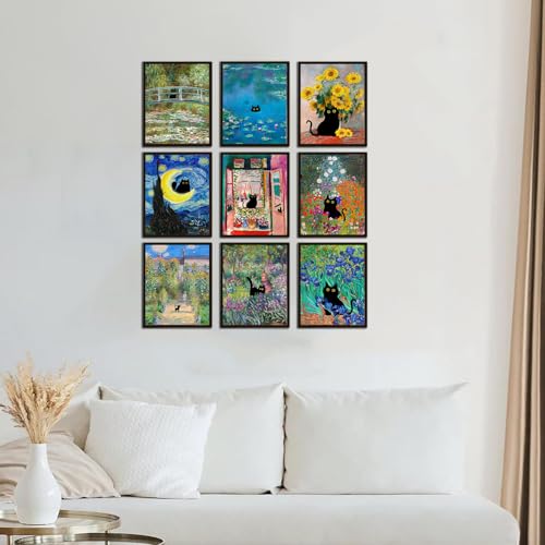 Kizbok Funny Black Cat Poster Set of 9, Vintage Monet Matisse Van Gogh Black Cat Wall Art Prints, Retro Black Cats in Famous Paintings Posters Prints, Cute Colorful Cats Aesthetic Pictures Wall Decor for Bathroom Bedroom Dorm Home Decor (8x10 UNFRAMED) - Image 4