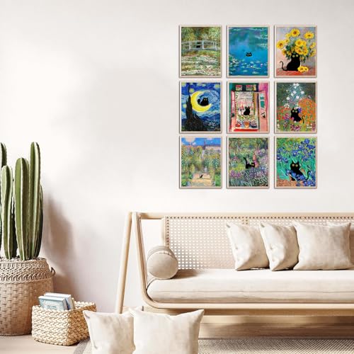 Kizbok Funny Black Cat Poster Set of 9, Vintage Monet Matisse Van Gogh Black Cat Wall Art Prints, Retro Black Cats in Famous Paintings Posters Prints, Cute Colorful Cats Aesthetic Pictures Wall Decor for Bathroom Bedroom Dorm Home Decor (8x10 UNFRAMED) - Image 3