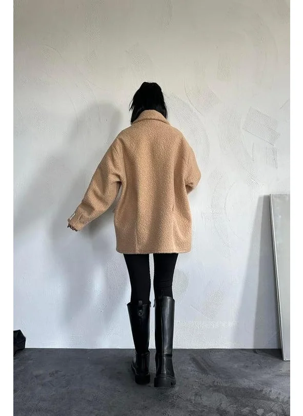 Ded Collection Women's Pocket Flap Button Detailed Soft Fabric Lined Teddy Style Oversize Coat Jacket