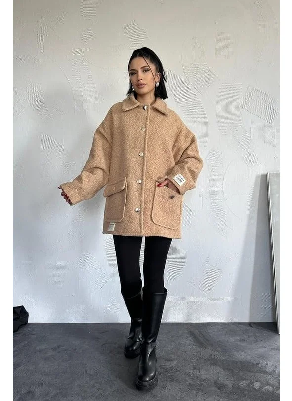 Ded Collection Women's Pocket Flap Button Detailed Soft Fabric Lined Teddy Style Oversize Coat Jacket