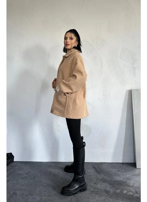 Ded Collection Women's Pocket Flap Button Detailed Soft Fabric Lined Teddy Style Oversize Coat Jacket