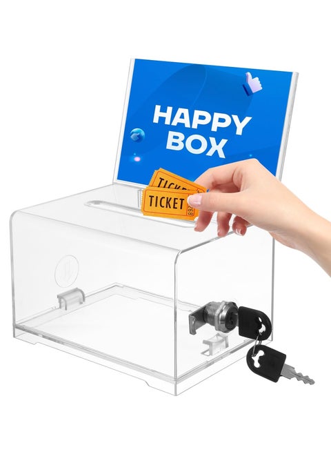 Clear Acrylic Donation Box with Lock and Sign Holder, Ballot Box, Suggestion Box, and Collection Box for Voting, Donations, and Tips