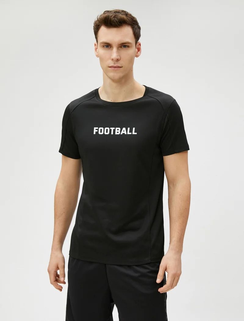 كوتون Sports T-Shirt with Stitching Detail Slogan Printed Crew Neck