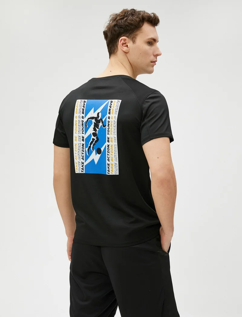 كوتون Sports T-Shirt with Stitching Detail Slogan Printed Crew Neck