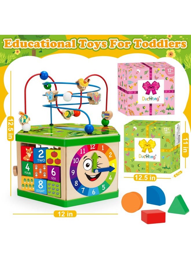 Duchong Wooden Activity Cube for 12-18 Month, 1 Year old Boys & Girls, 7-in-1 STEM Montessori Early Developmental Learning Toys for Kids Aged 1-2, Ideal 1st Birthday Gift Toys for Baby, Toddlers (Pink) - Image 2
