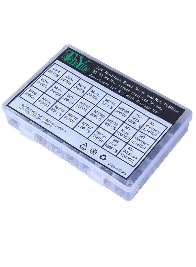 1080-Piece Stainless Steel Screw And Nut Hex Socket Set Silver 16 x 45mm - Image 2