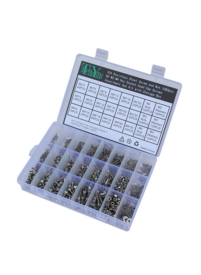 1080-Piece Stainless Steel Screw And Nut Hex Socket Set Silver 16 x 45mm - Image 1