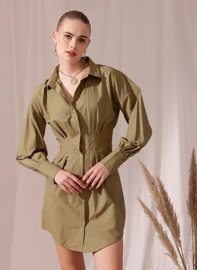 STREET 9 Olive Green Cotton Shirt Dress for Women