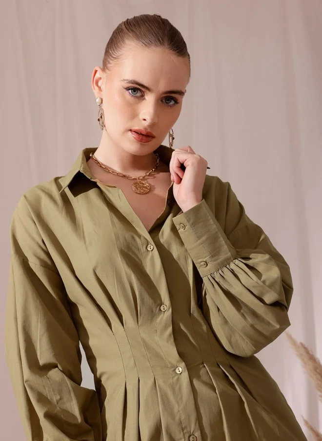 STREET 9 Olive Green Cotton Shirt Dress for Women
