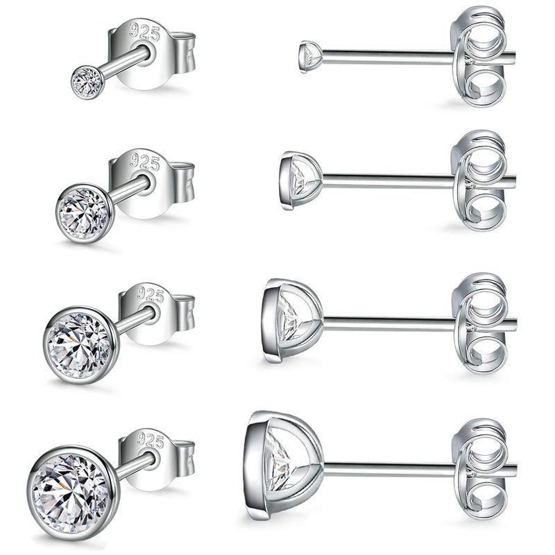 Sterling Silver Stud Earrings for Women Men 4 Pairs of Tiny Round Cubic Zirconia Earrings CZ Small Cartilage Tragus Earrings2345mm