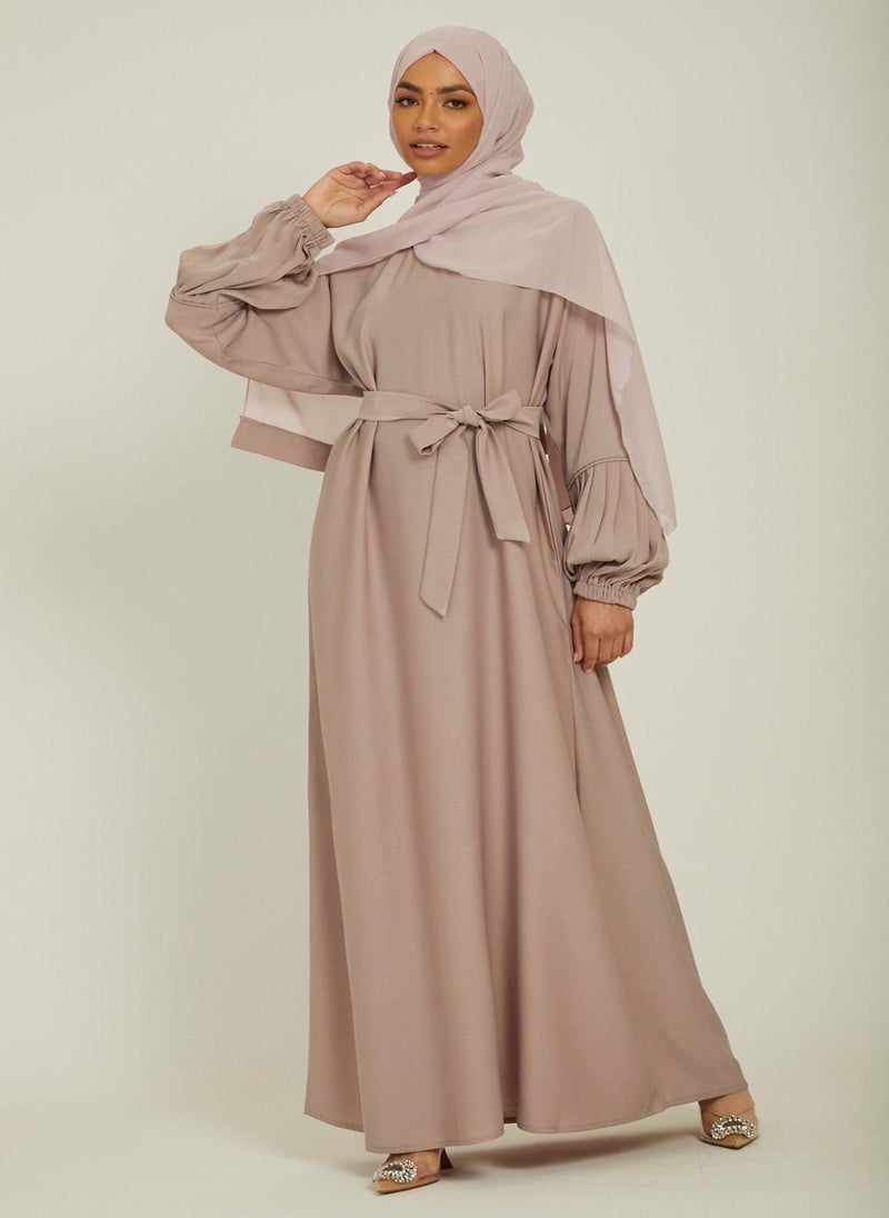 NUKHBAA Elegant Brown plain abaya wityh belt and Hijab-AB76  - Image 1