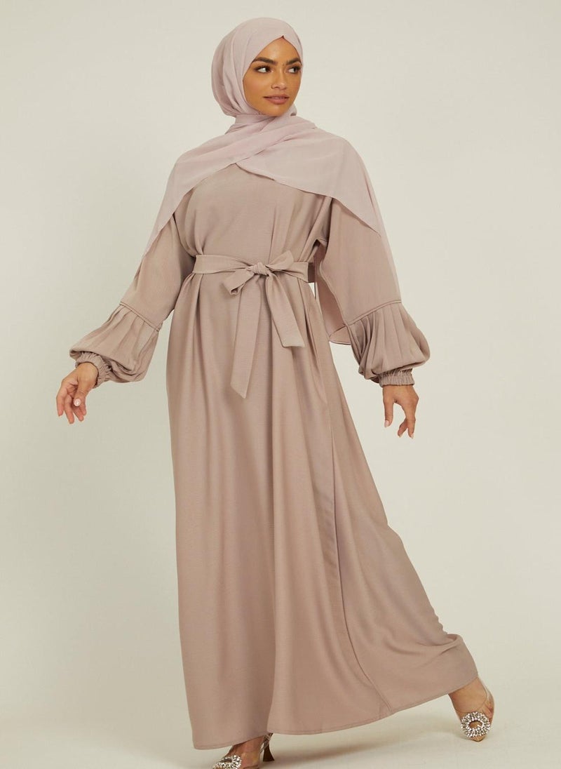 NUKHBAA Elegant Brown plain abaya wityh belt and Hijab-AB76  - Image 2