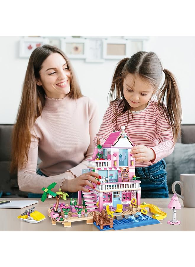 KASTWAVE Pink Girls Seaside Beach Villa Friends Building Set With Friends Construction Educational Toy For Kids Age 6 12 And Up 822 Pcs - Image 4
