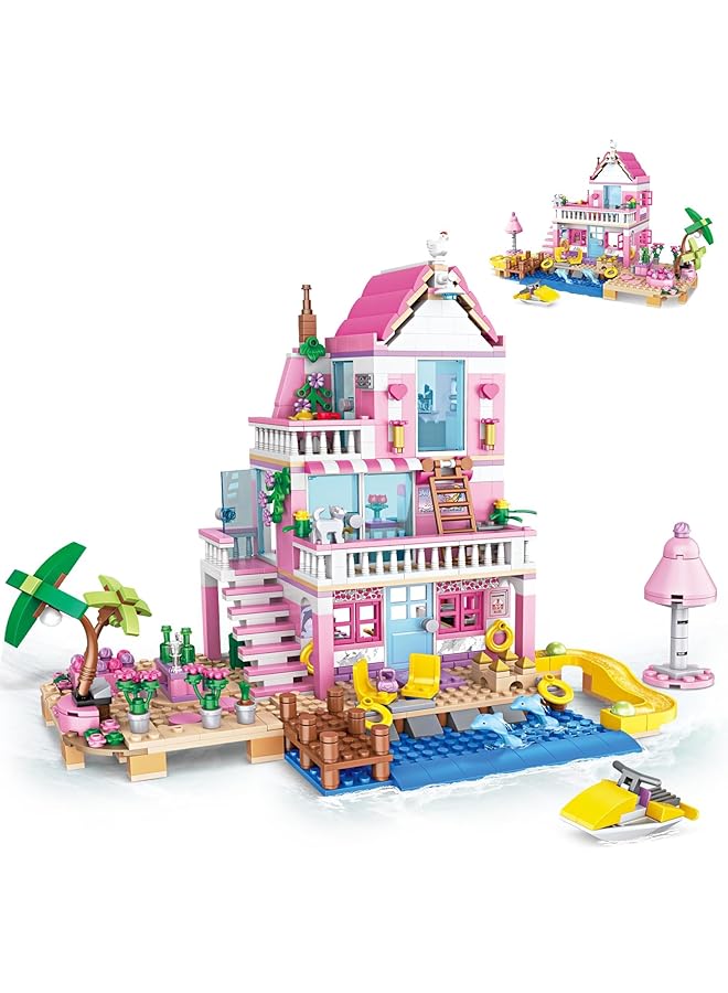 KASTWAVE Pink Girls Seaside Beach Villa Friends Building Set With Friends Construction Educational Toy For Kids Age 6 12 And Up 822 Pcs - Image 1