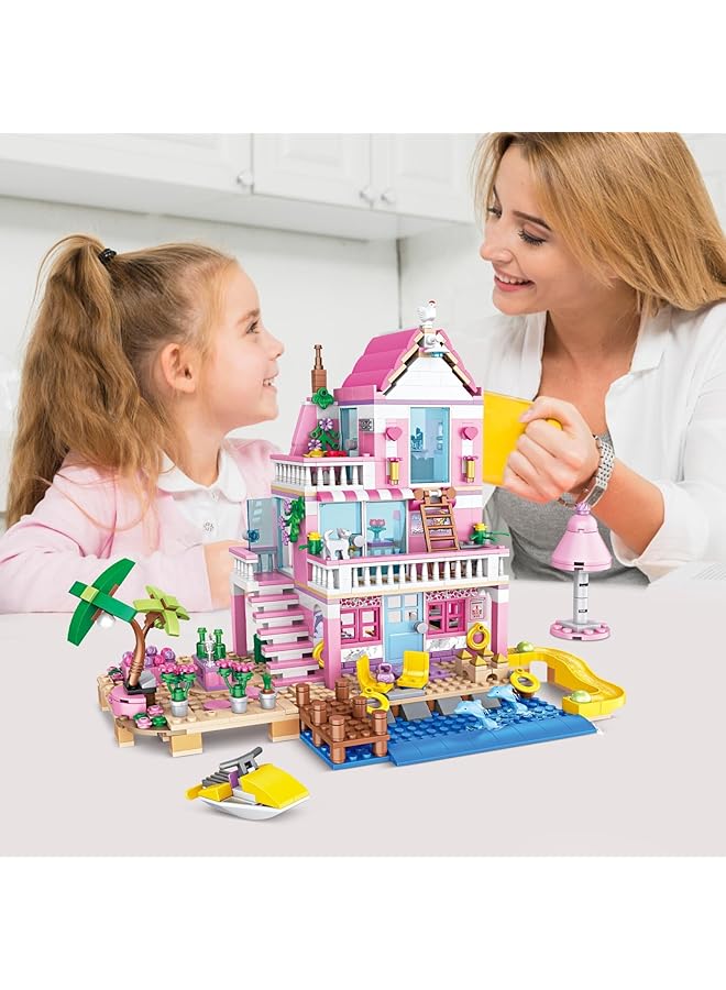 KASTWAVE Pink Girls Seaside Beach Villa Friends Building Set With Friends Construction Educational Toy For Kids Age 6 12 And Up 822 Pcs - Image 3