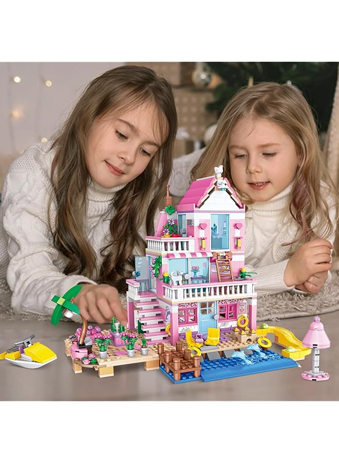 KASTWAVE Pink Girls Seaside Beach Villa Friends Building Set With Friends Construction Educational Toy For Kids Age 6 12 And Up 822 Pcs - Image 2
