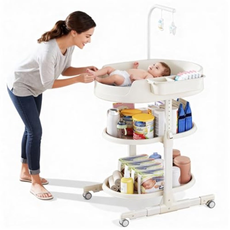 Diaper Changing Station, Portable Baby Changing Table with Storage, Adjustable Height Diaper Dresser Station with Wheels Waterproof Pad, Mobile Nursery for Newborn and Toddler - Image 1