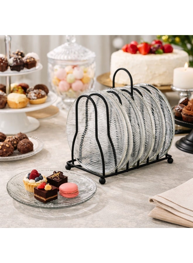 Dania Set of 6 glass plates for desserts, all presentations, and elegant occasions, with a metal stand. Plate size: 15 cm. - Image 1
