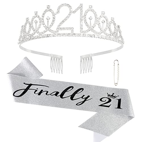Semato Finally 21 '21st Birthday' Rhinestone Tiara & Sash Set - Silver Party Supplies - Image 1