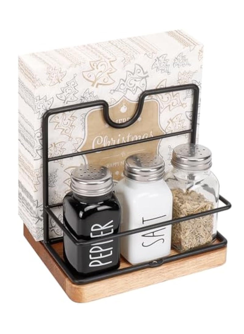 Arabest Napkin Holder, Metal Napkin Storage with Salt and Pepper Shakers Caddy Modern Napkin Dispenser for Table Kitchen Countertop, Not Including Salt and Pepper Shakers (Middle Wooden, Black) - Image 1