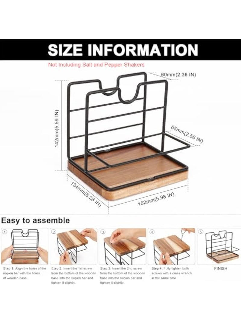 Arabest Napkin Holder, Metal Napkin Storage with Salt and Pepper Shakers Caddy Modern Napkin Dispenser for Table Kitchen Countertop, Not Including Salt and Pepper Shakers (Middle Wooden, Black) - Image 2