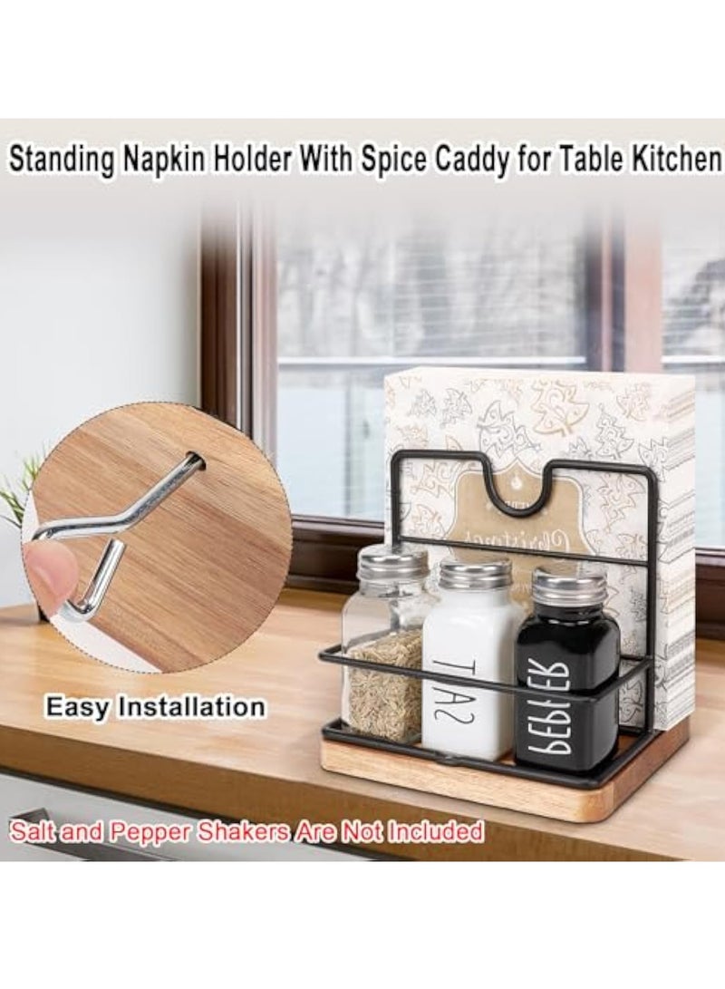 Arabest Napkin Holder, Metal Napkin Storage with Salt and Pepper Shakers Caddy Modern Napkin Dispenser for Table Kitchen Countertop, Not Including Salt and Pepper Shakers (Middle Wooden, Black) - Image 4