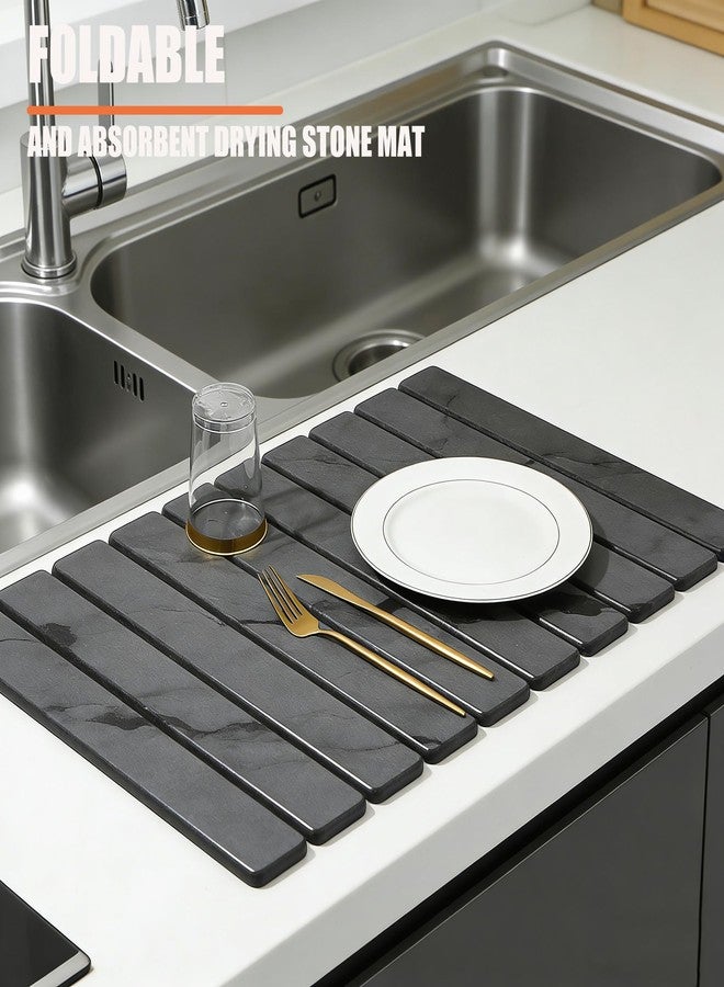 BRMUEIX Stone Drying Mat for Kitchen Counter,Large Foldable Diatomaceous Earth Dish Drying Mat,24"×16",Quick-Dry Absorbent Bath & Countertop Mat for Dishes Bottles, Gray marble pattern - Image 2