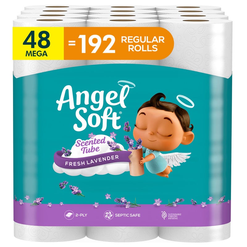 Angel Soft Toilet Paper with Fresh Lavender Scented Tube, 48 Mega Rolls = 192 Regular Rolls, Soft and Strong Toilet Tissue - Image 1