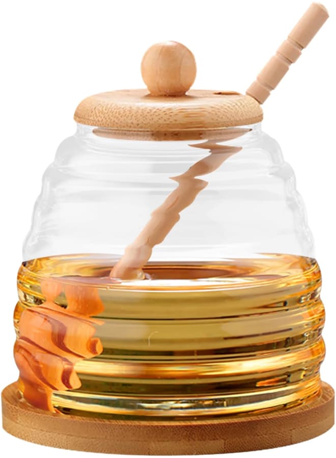 Honey jar with spoon, honey container with spoon, honey dispenser, honey jar with honey spoon, honey jar with wooden lid, airtight glass container, honey storage jar with wide mouth - Image 1