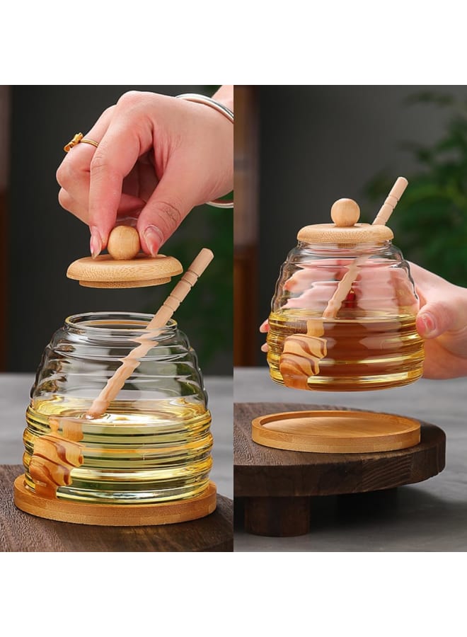 Honey jar with spoon, honey container with spoon, honey dispenser, honey jar with honey spoon, honey jar with wooden lid, airtight glass container, honey storage jar with wide mouth - Image 4