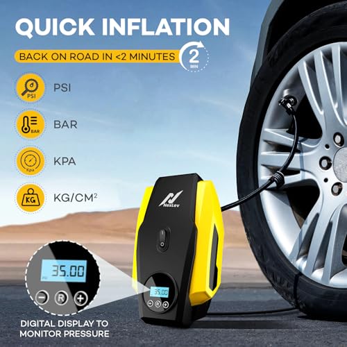 NexLev Portable Tyre Inflator for Car, Bike, Cycle|150 PSI Pressure| 120 Watt Air Pump|12V Car Plug| Digital Display| Auto Shut-Off| Emergency LED Light| 3m Cord| 3 Air Nozzles| Compact| AER TI-02 - Image 2