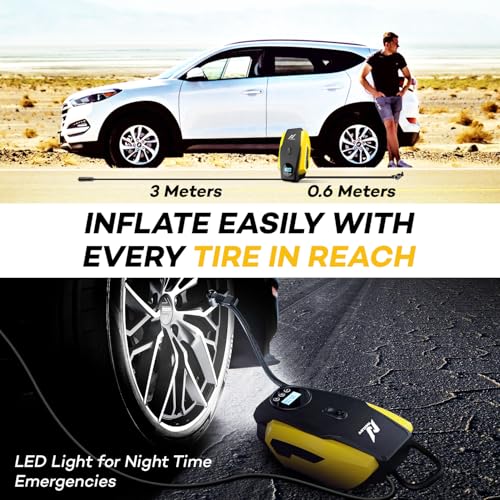 NexLev Portable Tyre Inflator for Car, Bike, Cycle|150 PSI Pressure| 120 Watt Air Pump|12V Car Plug| Digital Display| Auto Shut-Off| Emergency LED Light| 3m Cord| 3 Air Nozzles| Compact| AER TI-02 - Image 3