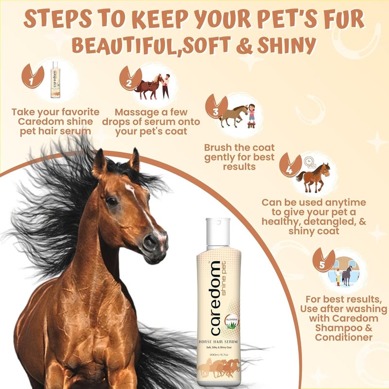 Caredom Pet Horse Hair Serum | Aloe Vera Enriched | Anti-Frizz Formula for Soft, Silky & Shiny Coat | Horse Grooming Serum | 200ml (Pack of 1) - Image 5