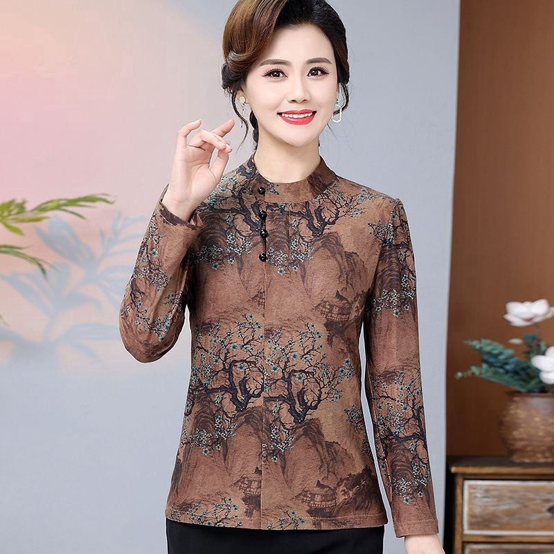 Mom Base T-Shirt Middle-Aged Autumn Slimming Western Style Small Shirt Fashion Long Sleeve Top - Image 2