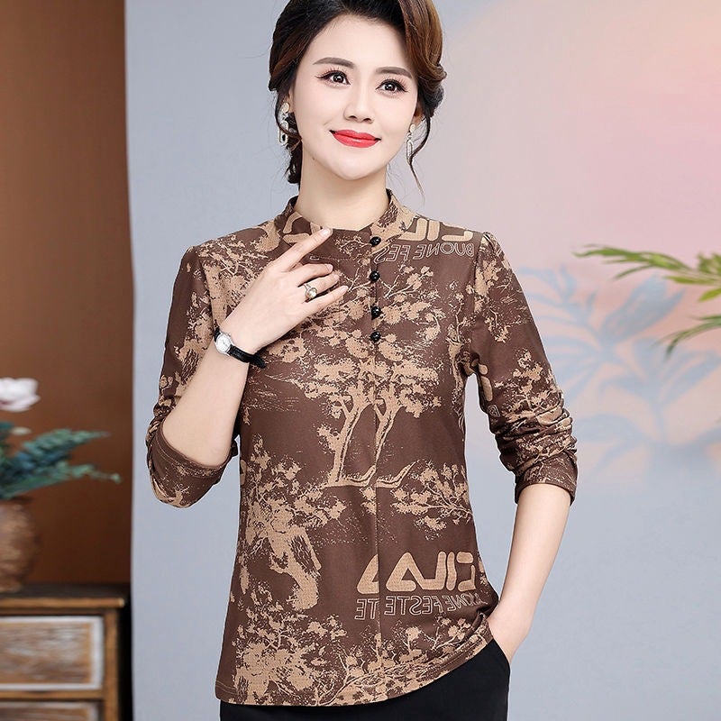 Mom Base T-Shirt Middle-Aged Autumn Slimming Western Style Small Shirt Fashion Long Sleeve Top - Image 4