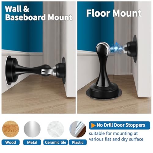 Gudui Door Stops Magnetic Door Stoppers Self Adhesive Wall Floor Mounted Stainless Steel Magnetic Door Catch Door Holder, No Drill, Black, 2 Pack - Image 5