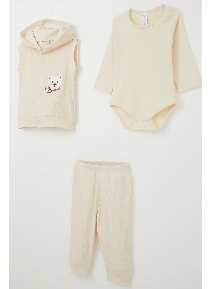 Breeze Baby Boy Bodysuit 3 Piece Set Cute Bear Embroidered Hooded 4 Months-1 Years, Cream